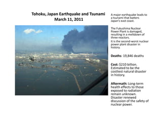 Tohoku, Japan Earthquake and Tsunami
March 11, 2011
A major earthquake leads to
a tsunami that batters
Japan’s east coast.
The Fukushima Nuclear
Power Plant is damaged,
resulting in a meltdown of
three reactors.
It is the second-worst nuclear
power plant disaster in
history.
Deaths: 19,846 deaths
Cost: $210 billion.
Estimated to be the
costliest natural disaster
in history.
Aftermath: Long-term
health effects to those
exposed to radiation
remain unknown.
Disaster renewed
discussion of the safety of
nuclear power.
 