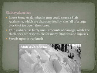 Slab avalanches
 Loose Snow Avalanches in turn could cause a Slab
Avalanche, which are characterized by the fall of a large
blocks of ice down the slopes.
 Thin slabs cause fairly small amounts of damage, while the
thick ones are responsible for many fatalities and injuries.
 Speeds upto 10-150 km/h
 