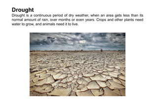 Drought
Drought is a continuous period of dry weather, when an area gets less than its
normal amount of rain, over months or even years. Crops and other plants need
water to grow, and animals need it to live.
 