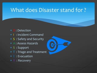  D : Detection
 I : Incident Command
 S : Safety and Security
 A : Assess Hazards
 S : Support
 T : Triage and Treatment
 E : Evacuation
 R : Recovery
What does Disaster stand for ?
 
