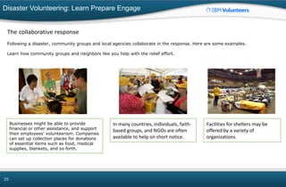 Disaster Volunteering: Learn Prepare Engage
25
The collaborative response
Following a disaster, community groups and local agencies collaborate in the response. Here are some examples.
Learn how community groups and neighbors like you help with the relief effort.
Businesses might be able to provide
financial or other assistance, and support
their employees' volunteerism. Companies
can set up collection places for donations
of essential items such as food, medical
supplies, blankets, and so forth.
In many countries, individuals, faith-
based groups, and NGOs are often
available to help on short notice.
Facilities for shelters may be
offered by a variety of
organizations.
 
