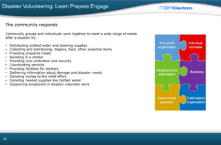 Disaster Volunteering: Learn Prepare Engage
28
The community responds
Community groups and individuals work together to meet a wide range of needs
after a disaster by:
• Distributing bottled water and cleaning supplies
• Collecting and distributing, diapers, food, other essential items
• Providing prepared meals
• Assisting in a shelter
• Providing civic protection and security
• Coordinating services
• Providing facilities for shelters
• Gathering information about damage and disaster needs
• Donating money to the relief effort
• Donating needed supplies like bottled water
• Supporting employees in disaster volunteer work
 