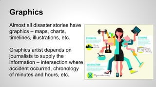 Graphics
Almost all disaster stories have
graphics – maps, charts,
timelines, illustrations, etc.
Graphics artist depends on
journalists to supply the
information – intersection where
accident occurred, chronology
of minutes and hours, etc.
 