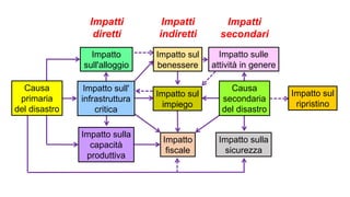 Causa
primaria
del disastro
Impatto sull'
infrastruttura
critica
Impatto
sull'alloggio
Impatto sulla
capacità
produttiva
Impatti
diretti
Impatti
indiretti
Impatto sulle
attività in genere
Impatti
secondari
Impatto sul
impiego
Impatto
fiscale
Causa
secondaria
del disastro
Impatto sul
benessere
Impatto sulla
sicurezza
Impatto sul
ripristino
 