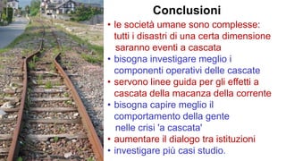 Conclusioni
• le società umane sono complesse:
tutti i disastri di una certa dimensione
saranno eventi a cascata
• bisogna investigare meglio i
componenti operativi delle cascate
• servono linee guida per gli effetti a
cascata della macanza della corrente
• bisogna capire meglio il
comportamento della gente
nelle crisi 'a cascata'
• aumentare il dialogo tra istituzioni
• investigare più casi studio.
 