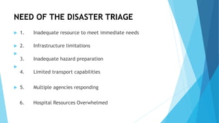 NEED OF THE DISASTER TRIAGE
 1. Inadequate resource to meet immediate needs
 2. Infrastructure limitations

3. Inadequate hazard preparation

4. Limited transport capabilities
 5. Multiple agencies responding
6. Hospital Resources Overwhelmed
 