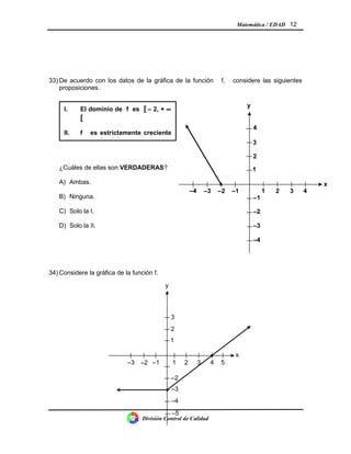 Matemática / EDAD 12
33) De acuerdo con los datos de la gráfica de la función f, considere las siguientes
proposiciones.
¿Cuáles de ellas son VERDADERAS?
A) Ambas.
B) Ninguna.
C) Solo la I.
D) Solo la II.
34) Considere la gráfica de la función f.
División Control de Calidad
I. El dominio de f es [ – 2, + ∞
[
II. f es estrictamente creciente
en su dominio.
321
–2
x
4
–3
–3 –2 –1
2
1
3
4
–4
–4
–1
y
•
•
•
321
y
x
4 5–3 –2 –1
2
1
3
–4
–5
–2
–3
 