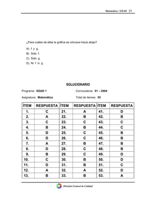 Matemática / EDAD 21
¿Para cuáles de ellas la gráfica es cóncava hacia abajo?
A) f y g.
B) Solo f.
C) Solo g.
D) Ni f ni g.
SOLUCIONARIO
Programa: EDAD 1 Convocatoria: 01 – 2004
Asignatura: Matemática Total de ítemes: 55
ÍTEM RESPUESTA ÍTEM RESPUESTA ÍTEM RESPUESTA
1. C 21. A 41. D
2. A 22. B 42. B
3. C 23. C 43. C
4. B 24. B 44. C
5. D 25. C 45. B
6. D 26. C 46. B
7. A 27. B 47. B
8. D 28. C 48. B
9. B 29. C 49. D
10. C 30. B 50. D
11. D 31. B 51. C
12. A 32. A 52. D
13. B 33. B 53. A
División Control de Calidad
 