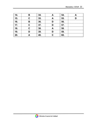 Matemática / EDAD 22
14. B 34. A 54. A
15. C 35. A 55. D
16. B 36. D 56.
17. C 37. D 57.
18. C 38. A 58.
19. D 39. D 59.
20. A 40. C 60.
División Control de Calidad
 