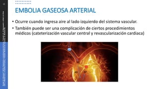 12
• Ocurre cuando ingresa aire al lado izquierdo del sistema vascular.
• También puede ser una complicación de ciertos procedimientos
médicos (cateterización vascular central y revascularización cardiaca)
EMBOLIA GASEOSA ARTERIAL
Snyder
B,
&
Neuman
T
(2013).
Disbarismo
y
complicaciones
del
buceo.
Tintinalli
J.E.,
&
Stapczynski
J,
&
Ma
O,
&
Cline
D.M.,
&
Meckler
G.D.,
&
Cydulka
R.K.(Eds.),
Tintinalli.
Medicina
de
urgencias,
7e.
McGraw
Hill.
 