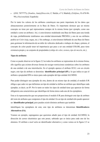 Curso de Diseño de Bases de Datos 
• (DNI, 7077777), (Nombre, Ana),(Dirección, C/ Bailén, nº 9, Madrid), (Teléfono, 91-678-98- 
23 
99), (Nacionalidad, Española) 
Por lo tanto los valores de los atributos constituyen una parte importante de los datos que 
almacenaremos posteriormente en la Base de Datos. Es importante destacar que un mismo 
concepto no tiene por qué representarse siempre de la misma forma (por ejemplo, como una 
entidad o como un atributo). Así, si estuviéramos modelando una Base de Datos para una tienda 
de ropa, probablemente tendríamos una entidad denominada PRENDA y uno de sus atributos 
podría ser Color (roja, negra, etc.). Sin embargo, si estuviéramos hablando de una Base de Datos 
para gestionar la información de un taller de vehículos dedicado a trabajos de chapa y pintura, el 
concepto de color puede tener tal importancia que pase a ser una entidad COLOR, pues tiene 
existencia propia y un conjunto de propiedades (código de color, textura, tipo de mezcla, etc.). 
Tipos de atributos 
Como se puede observar en la figura 2.2 no todos los atributos se representan de la misma forma; 
ello significa que existen diversas formas de recoger restricciones semánticas sobre los atributos 
de una entidad o de una interrelación. En el ejemplo aparece el atributo D.N.I. con un círculo 
negro, este tipo de atributo se denomina identificador principal (IP) y lo que indica es que el 
atributo o propiedad DNI es único para cada ejemplar del tipo entidad ALUMNO. 
Para poder distinguir una ejemplar de otra, dentro de un mismo tipo de entidad, el modelo E/R 
obliga a que cada vez que definimos un tipo de entidad se defina un atributo que identifique cada 
ejemplar, es decir, un IP. Por lo tanto en todos los tipos de entidad tiene que aparecer de forma 
obligatoria una característica que identifique de forma única cada uno de los ejemplares. 
Esta es la representación que nos proporciona el modelo E/R para distinguir este tipo de atributo 
del resto de atributos que componen el tipo de entidad. En un tipo de entidad sólo puede aparecer 
un identificador principal, pero pueden existir distintos atributos que también 
identifiquen los ejemplares de esta; este tipo de atributos se denominan Identificadores 
Alternativos (IA). 
Veamos un ejemplo, supongamos que queremos añadir para el tipo de entidad ALUMNO, la 
dirección de correo electrónico que este posee, sabiendo que es única para cada uno de los 
alumnos. El atributo e-mail sería un identificador alternativo y como vemos en la figura 2.3 se 
 