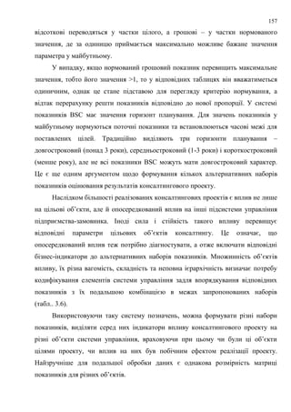 157
відсоткові переводяться у частки цілого, а грошові – у частки нормованого
значення, де за одиницю приймається максимально можливе бажане значення
параметра у майбутньому.
У випадку, якщо нормований грошовий показник перевищить максимальне
значення, тобто його значення >1, то у відповідних таблицях він вважатиметься
одиничним, однак це стане підставою для перегляду критерію нормування, а
відтак перерахунку решти показників відповідно до нової пропорції. У системі
показників BSC має значення горизонт планування. Для значень показників у
майбутньому нормуються поточні показники та встановлюються часові межі для
поставлених цілей. Традиційно виділяють три горизонти планування –
довгостроковий (понад 3 роки), середньостроковий (1-3 роки) і короткостроковий
(менше року), але не всі показники BSC можуть мати довгостроковий характер.
Це є ще одним аргументом щодо формування кількох альтернативних наборів
показників оцінювання результатів консалтингового проекту.
Наслідком більшості реалізованих консалтингових проектів є вплив не лише
на цільові об’єкти, але й опосередкований вплив на інші підсистеми управління
підприємства-замовника. Іноді сила і стійкість такого впливу перевищує
відповідні параметри цільових об’єктів консалтингу. Це означає, що
опосередкований вплив теж потрібно діагностувати, а отже включати відповідні
бізнес-індикатори до альтернативних наборів показників. Множинність об’єктів
впливу, їх різна вагомість, складність та неповна ієрархічність визначає потребу
кодифікування елементів системи управління задля впорядкування відповідних
показників з їх подальшою комбінацією в межах запропонованих наборів
(табл.. 3.6).
Використовуючи таку систему позначень, можна формувати різні набори
показників, виділяти серед них індикатори впливу консалтингового проекту на
різні об’єкти системи управління, враховуючи при цьому чи були ці об’єкти
цілями проекту, чи вплив на них був побічним ефектом реалізації проекту.
Найзручніше для подальшої обробки даних є однакова розмірність матриці
показників для різних об’єктів.
 