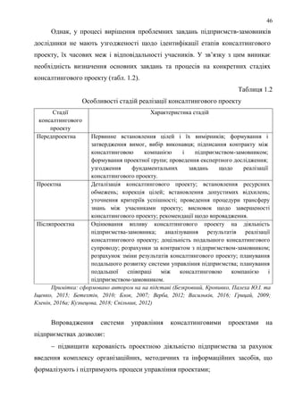 46
Однак, у процесі вирішення проблемних завдань підприємств-замовників
дослідники не мають узгодженості щодо ідентифікації етапів консалтингового
проекту, їх часових меж і відповідальності учасників. У зв’язку з цим виникає
необхідність визначення основних завдань та процесів на конкретних стадіях
консалтингового проекту (табл. 1.2).
Таблиця 1.2
Особливості стадій реалізації консалтингового проекту
Стадії
консалтингового
проекту
Характеристика стадій
Передпроектна Первинне встановлення цілей і їх вимірників; формування і
затвердження вимог, вибір виконавця; підписання контракту між
консалтинговою компанією і підприємством-замовником;
формування проектної групи; проведення експертного дослідження;
узгодження фундаментальних завдань щодо реалізації
консалтингового проекту.
Проектна Деталізація консалтингового проекту; встановлення ресурсних
обмежень; корекція цілей; встановлення допустимих відхилень;
уточнення критеріїв успішності; проведення процедури трансферу
знань між учасниками проекту; висновок щодо завершеності
консалтингового проекту; рекомендації щодо впровадження.
Післяпроектна Оцінювання впливу консалтингового проекту на діяльність
підприємства-замовника; аналізування результатів реалізації
консалтингового проекту; доцільність подальшого консалтингового
супроводу; розрахунки за контрактом з підприємством-замовником;
розрахунок зміни результатів консалтингового проекту; планування
подальшого розвитку системи управління підприємства; планування
подальшої співпраці між консалтинговою компанією і
підприємством-замовником.
Примітка: сформовано автором на на підставі (Безкровний, Кропивко, Палеха Ю.І. та
Іщенко, 2015; Бетехтін, 2010; Блок, 2007; Верба, 2012; Васильків, 2016; Грицай, 2009;
Кленін, 2016а; Кузнецова, 2018; Спільник, 2012)
Впровадження системи управління консалтинговими проектами на
підприємствах дозволяє:
 підвищити керованість проектною діяльністю підприємства за рахунок
введення комплексу організаційних, методичних та інформаційних засобів, що
формалізують і підтримують процеси управління проектами;
 