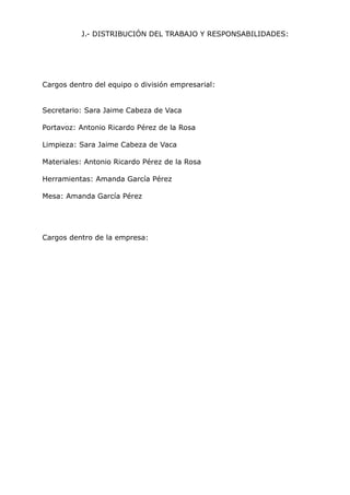 J.- DISTRIBUCIÓN DEL TRABAJO Y RESPONSABILIDADES:

Cargos dentro del equipo o división empresarial:
Secretario: Sara Jaime Cabeza de Vaca
Portavoz: Antonio Ricardo Pérez de la Rosa
Limpieza: Sara Jaime Cabeza de Vaca
Materiales: Antonio Ricardo Pérez de la Rosa
Herramientas: Amanda García Pérez
Mesa: Amanda García Pérez

Cargos dentro de la empresa:

 