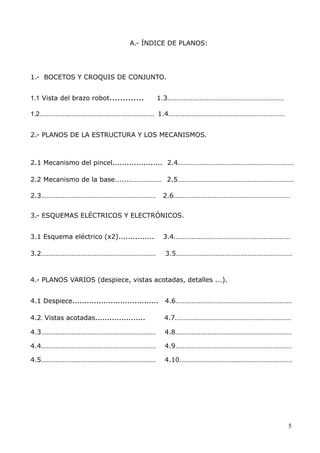 A.- ÍNDICE DE PLANOS:

1.- BOCETOS Y CROQUIS DE CONJUNTO.
1.1 Vista del brazo robot.............

1.3.................................................................

1.2................................................................ 1.4.................................................................
2.- PLANOS DE LA ESTRUCTURA Y LOS MECANISMOS.

2.1 Mecanismo del pincel..................... 2.4.................................................................
2.2 Mecanismo de la base........................ 2.5.................................................................
2.3................................................................

2.6.................................................................

3.- ESQUEMAS ELÉCTRICOS Y ELECTRÓNICOS.
3.1 Esquema eléctrico (x2)...............
3.2................................................................

3.4.................................................................
3.5.................................................................

4.- PLANOS VARIOS (despiece, vistas acotadas, detalles ...).
4.1 Despiece....................................

4.6.................................................................

4.2. Vistas acotadas.....................

4.7.................................................................

4.3................................................................

4.8.................................................................

4.4................................................................

4.9.................................................................

4.5................................................................

4.10...............................................................

5

 