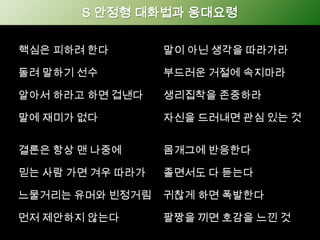 S 안정형 대화법과 응대요령핵심은 피하려 한다말이 아닌 생각을 따라가라돌려 말하기 선수부드러운 거절에 속지마라생리집착을 존중하라알아서 하라고 하면 겁낸다자신을 드러내면 관심 있는 것말에 재미가 없다몸개그에 반응한다결론은 항상 맨 나중에믿는 사람 가면 겨우 따라가졸면서도 다 듣는다느물거리는 유머와 빈정거림 귀찮게 하면 폭발한다먼저 제안하지 않는다팔짱을 끼면 호감을 느낀 것