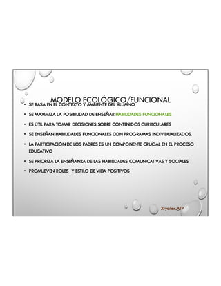 MODELO ECOLÓGICO/FUNCIONAL• SE BASA EN EL CONTEXTO Y AMBIENTE DEL ALUMNO
• SE MAXIMIZA LA POSIBILIDAD DE ENSEÑAR HABILIDADES FUNCIONALES
• ES ÚTIL PARA TOMAR DECISIONES SOBRE CONTENIDOS CURRICULARES
• SE ENSEÑAN HABILIDADES FUNCIONALES CON PROGRAMAS INDIVIDUALIZADOS.
• LA PARTICIPACIÓN DE LOS PADRES ES UN COMPONENTE CRUCIAL EN EL PROCESO
EDUCATIVO
• SE PRIORIZA LA ENSEÑANZA DE LAS HABILIDADES COMUNICATIVAS Y SOCIALES
• PROMUEVEN ROLES Y ESTILO DE VIDA POSITIVOS
Xtyalex.ATP
 