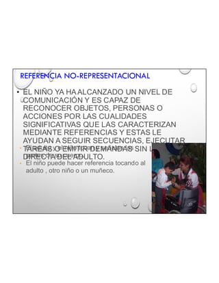 REFERENCIA NO-REPRESENTACIONAL
• EL NIÑO YA HAALCANZADO UN NIVEL DE
COMUNICACIÓN Y ES CAPAZ DE
RECONOCER OBJETOS, PERSONAS O
ACCIONES POR LAS CUALIDADES
SIGNIFICATIVAS QUE LAS CARACTERIZAN
MEDIANTE REFERENCIAS Y ESTAS LE
AYUDAN A SEGUIR SECUENCIAS, EJECUTAR
TAREAS O EMITIR DEMANDAS SIN LA GUÍA
DIRECTA DEL ADULTO.
• El adulto y el niño tocan y señalan las
partes de su cuerpo.
• El niño puede hacer referencia tocando al
adulto , otro niño o un muñeco.
 