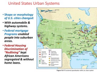 United States Urban Systems
• Shape or morphology
of U.S. cities changed:
• With automobile &
highway systems.
• Federal mortgage
Programs enabled
people into suburban
areas.
• Federal Housing
Discrimination of
“Redlining” kept
African Americans
segregated & without
home loans.
Figure 10.17 Functional specialization within an urban system
 