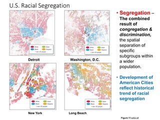 U.S. Racial Segregation
Detroit
Long BeachNew York
Washington, D.C.
Figure 11.a,b,c,d
• Segregation –
The combined
result of
congregation &
discrimination,
the spatial
separation of
specific
subgroups within
a wider
population.
• Development of
American Cities
reflect historical
trend of racial
segregation
 