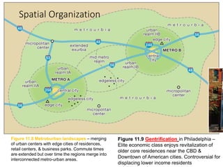 Figure 11.9 Gentrification in Philadelphia –
Elite economic class enjoys revitalization of
older core residences near the CBD &
Downtown of American cities. Controversial for
displacing lower income residents
Figure 11.8 Metroburban landscapes – merging
of urban centers with edge cities of residences,
retail centers, & business parks. Commute times
are extended but over time the regions merge into
interconnected metro-urban areas.
Spatial Organization
 