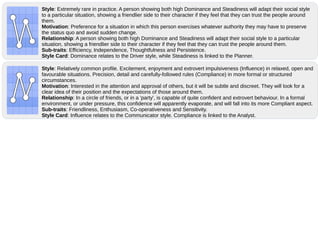 Style: Relatively common profile. Excitement, enjoyment and extrovert impulsiveness (Influence) in relaxed, open and
favourable situations. Precision, detail and carefully-followed rules (Compliance) in more formal or structured
circumstances.
Motivation: Interested in the attention and approval of others, but it will be subtle and discreet. They will look for a
clear idea of their position and the expectations of those around them.
Relationship: In a circle of friends, or in a 'party', is capable of quite confident and extrovert behaviour. In a formal
environment, or under pressure, this confidence will apparently evaporate, and will fall into its more Compliant aspect.
Sub-traits: Friendliness, Enthusiasm, Co-operativeness and Sensitivity.
Style Card: Influence relates to the Communicator style. Compliance is linked to the Analyst.
Style: Extremely rare in practice. A person showing both high Dominance and Steadiness will adapt their social style
to a particular situation, showing a friendlier side to their character if they feel that they can trust the people around
them.
Motivation: Preference for a situation in which this person exercises whatever authority they may have to preserve
the status quo and avoid sudden change.
Relationship: A person showing both high Dominance and Steadiness will adapt their social style to a particular
situation, showing a friendlier side to their character if they feel that they can trust the people around them.
Sub-traits: Efficiency, Independence, Thoughtfulness and Persistence.
Style Card: Dominance relates to the Driver style, while Steadiness is linked to the Planner.
 