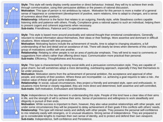 Style: This style will rarely display overtly assertive or direct behaviour. Instead, they will try to achieve their ends
through communication, using their persuasive abilities or the powers of rational discussion.
Motivation: This type of person is not ambitious by nature. Motivation for this person is more a matter of a general
sense of happiness or contentment (development of positive, warm relations, time to adapt to changes, and a sense
of sureness about their position).
Relationship: Influence is the factor that relates to an outgoing, friendly style, while Steadiness confers capable
listening skills and patience with others. Finally, Compliance gives a rational aspect to such an individual, helping them
to present cogent and coherent arguments when necessary.
Sub-traits: Friendliness, Patience and Co-operativeness.
Style: This style is based more around practicality and rational thought than emotional considerations. Generally
reluctant to reveal information about themselves, their ideas or their feelings. More assertive and dominant in difficult
situations. More relaxed with less pressure.
Motivation: Motivating factors include the achievement of results, time to adapt to changing situations, a full
understanding of fact and detail and an avoidance of risk. There will clearly be times when elements of this complex
group of motivations conflict with one another.
Relationship: Relating to other people is not an area of particular emphasis. They will tend to react to comments or
suggestions from others rather than offering direct input. Communication more practical than personal.
Sub-traits: Efficiency, Thoughtfulness and Accuracy.
Style: This type is characterised by strong social skills and a persuasive communication style. They are capable of
great charm, but will sometimes adopt a more demanding, overbearing approach, especially if they feel themselves to
be under pressure.
Motivation: Motivation stems from the achievement of personal ambition, the acceptance and approval of other
people, and certainty of their position. Where these are incompatible -i.e. achieving a goal requires to take a risk-, the
relative value of these will give some indication.
Relationship: In social, casual circumstances, they project a friendly and animated style, open and enthusiastic. In
situations more formal or closely regulated, they are more direct and determined, both assertive and self-controlled,
Sub-traits: Self-motivation, Enthusiasm and Sensitivity.
Style: Independence is the key element in understanding this style. People of this kind have a clear idea of their aims
in life, and the strength of will to achieve their aims. Sense of persistence and willingness to work steadfastly and
diligently in pursuit of their ends.
Motivation: While success is important to them, however, they also value positive relationships with other people, and
under some circumstances they will be prepared to delay achievement of their goals if this conflicts with others' needs.
Relationship: This type will interact easily and skilfully with other people. They possess the personal self-confidence
to mix relatively easily with strangers, or in unusual situations. Strong sense of independence. They are prepared to
go to considerable lengths to maintain their own sense of identity, and to protect and defend their own viewpoint.
Sub-traits: Independence, Self-confidence and Persistence.
 