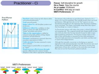 Focus: Self-discipline for growth
On a Team: Stay the course
As a Leader: Proficient
In Conflict: Will stay on track
MBTI Preferences: ST
Practitioner - Ci
MBTI Preferences
 