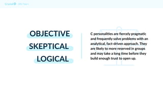 OBJECTIVE
SKEPTICAL
LOGICAL
DISC Type C
C personali9es are ﬁercely pragma9c
and frequently solve problems with an
analy9ca...