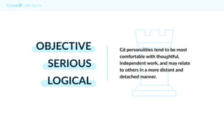 OBJECTIVE
SERIOUS
LOGICAL
DISC Type Cd
Cd personali-es tend to be most
comfortable with though7ul,
independent work, and m...