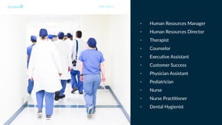• Human Resources Manager
• Human Resources Director
• Therapist
• Counselor
• Execu1ve Assistant
• Customer Success
• Physician Assistant
• Pediatrician
• Nurse
• Nurse Prac11oner
• Dental Hygienist
DISC Type S
 