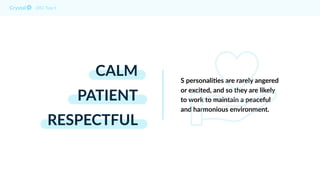 CALM
PATIENT
RESPECTFUL
DISC Type S
S personali8es are rarely angered
or excited, and so they are likely
to work to mainta...