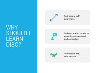 WHY
SHOULD I
LEARN
DISC?
To increase self
awareness.
To learn and to others in
ways they understand
and appreciate.
To improve key
relationship