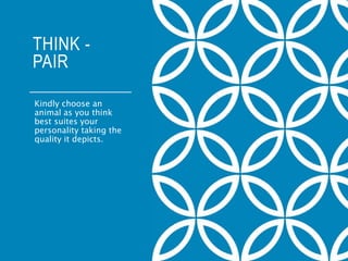 THINK -
PAIR
Kindly choose an
animal as you think
best suites your
personality taking the
quality it depicts.