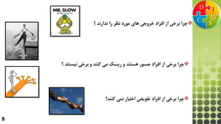 5
‫؟‬ ‫ندارند‬ ‫را‬ ‫نظر‬ ‫مورد‬ ‫هاي‬ ‫خروجي‬ ‫افراد‬ ‫از‬ ‫برخي‬ ‫چرا‬
‫كنند؟‬ ‫نمي‬ ‫اختيار‬ ‫تفويض‬ ‫افراد‬ ‫از‬ ‫برخي‬ ‫چرا‬
‫كنند‬ ‫مي‬ ‫ريسک‬ ‫و‬ ‫هستند‬ ‫جسور‬ ‫افراد‬ ‫از‬ ‫برخي‬ ‫چرا‬‫برخي‬ ‫و‬‫ني‬‫؟‬ ‫ستند‬
 