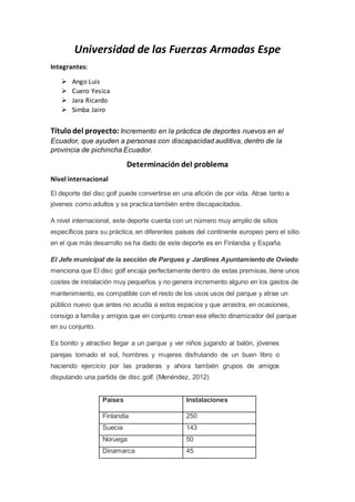 Universidad de las Fuerzas Armadas Espe
Integrantes:
 Ango Luis
 Cuero Yesica
 Jara Ricardo
 Simba Jairo
Título del proyecto: Incremento en la práctica de deportes nuevos en el
Ecuador, que ayuden a personas con discapacidad auditiva, dentro de la
provincia de pichincha Ecuador.
Determinación del problema
Nivel internacional
El deporte del disc golf puede convertirse en una afición de por vida. Atrae tanto a
jóvenes como adultos y se practica también entre discapacitados.
A nivel internacional, este deporte cuenta con un número muy amplio de sitios
específicos para su práctica, en diferentes países del continente europeo pero el sitio
en el que más desarrollo se ha dado de este deporte es en Finlandia y España.
El Jefe municipal de la sección de Parques y Jardines Ayuntamiento de Oviedo
menciona que El disc golf encaja perfectamente dentro de estas premisas, tiene unos
costes de instalación muy pequeños y no genera incremento alguno en los gastos de
mantenimiento, es compatible con el resto de los usos usos del parque y atrae un
público nuevo que antes no acudía a estos espacios y que arrastra, en ocasiones,
consigo a familia y amigos que en conjunto crean ese efecto dinamizador del parque
en su conjunto.
Es bonito y atractivo llegar a un parque y ver niños jugando al balón, jóvenes
parejas tomado el sol, hombres y mujeres disfrutando de un buen libro o
haciendo ejercicio por las praderas y ahora también grupos de amigos
disputando una partida de disc golf. (Menéndez, 2012)
Países Instalaciones
Finlandia 250
Suecia 143
Noruega 50
Dinamarca 45
 