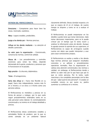 12121212
PATRON DEL PERFECCIONISTAPATRON DEL PERFECCIONISTAPATRON DEL PERFECCIONISTAPATRON DEL PERFECCIONISTA
EmocionesEmocionesEmocionesEmociones –––– Competente para hacer bien las
cosas, reservado, cauteloso.
MetaMetaMetaMeta –––– Logros estables, predecibles.
Juzga a los demás porJuzga a los demás porJuzga a los demás porJuzga a los demás por –––– Normas precisas.
Influye en los demás medianteInfluye en los demás medianteInfluye en los demás medianteInfluye en los demás mediante –––– La atención al
detalle y precisión.
Su valor para la organizaciónSu valor para la organizaciónSu valor para la organizaciónSu valor para la organización –––– Concienzudo,
conserva las normas, control de calidad.
Abusa deAbusa deAbusa deAbusa de –––– Los procedimientos y controles
excesivos para evitar las fallas, depende
demasiado de la gente, productos y procesos que
le funcionaron en el pasado.
Bajo presiónBajo presiónBajo presiónBajo presión –––– Es discreto, diplomático.
TemeTemeTemeTeme –––– El antagonismo.
Sería más eficaz siSería más eficaz siSería más eficaz siSería más eficaz si –––– Fuera más flexible en su
papel, fuera más independiente, tuviera más fe
en sí mismo y si se viera a sí mismo como una
persona valiosa.
El Perfeccionista es metódico y preciso en su
forma de pensar y trabajar, por lo que suele
seguir procedimientos ordenados tanto en su
vida personal como laboral. Es extremadamente
concienzudo y se esmera en el trabajo detallado y
preciso.
El Perfeccionista desea condiciones estables y
actividades fáciles de predecir, por lo que se
siente cómodo en un ambiente laboral
claramente definido. Desea claridad respecto a lo
que se espera de él en el trabajo, de cuanto
tiempo se dispone y como se va a evaluar el
trabajo.
El Perfeccionista se puede empantanar en los
detalles cuando tiene que tomar decisiones. Sabe
tomar decisiones importantes, pero se le puede
criticar por el tiempo que le toma reunir y
analizar la información antes de decidir. Aunque
le agrada conocer la opinión de sus superiores, el
Perfeccionista es capaz de arriesgarse cuando
cuenta con datos que puede interpretar y usar
para sacar conclusiones propias.
El Perfeccionista se evalúa y evalúa a los demás
bajo normas precisas que aseguren resultados
concretos y se adhiere a procedimientos
operativos normales. Para la organización es
valiosa esta atención concienzuda a las normas y
calidad, sin embargo, el Perfeccionista tiende a
definir su valor más por lo que hace que por lo
que es como persona. Por lo tanto, suele
reaccionar a los cumplidos personales con la idea
de que: “¿Qué querrá esta persona?”. Si acepta un
cumplido sincero es por quien es, podría
aumentar su confianza en si mismo.
 