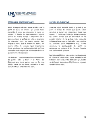 18181818
PATRON DEL DESCONCERTAPATRON DEL DESCONCERTAPATRON DEL DESCONCERTAPATRON DEL DESCONCERTANTENTENTENTE
Antes de seguir adelante, revise la gráfica de su
perfil en busca de errores que puede haber
cometido al sumar sus respuestas o trazar sus
puntos. El Patrón del Desconcertante aparece
cuando los cuatro puntos se encuentran en la
zona media de la gráfica con solo un segmento
de diferencia entre los cuatro puntos. Esta
respuesta indica que la persona ha dado a los
cuatro estilos de conducta igual importancia.
Como resultado, la configuración del perfil no
concuerda con ninguno de los Patrones Clásicos
que comúnmente aparecen.
Los Patrones Clásicos representan combinaciones
de puntos altos y bajos y el Patrón del
Desconcertante tiene puntos solo en la zona
media. Puede ser útil volver a contestar el Perfil
con un enfoque ambiental más claro.
PATRON DEL SUBACTIVOPATRON DEL SUBACTIVOPATRON DEL SUBACTIVOPATRON DEL SUBACTIVO
Antes de seguir adelante, revise la gráfica de su
perfil en busca de errores que pueda haber
cometido al sumar sus respuestas o trazar sus
puntos. El Patrón del Subactivo aparece cuando
los cuatro puntos que se encuentran en la
porción inferior de la gráfica. Esta respuesta
indica que la persona ha dado a los cuatro estilos
de conducta igual importancia baja. Como
resultado, la configuraciónconfiguraciónconfiguraciónconfiguración del perfil no
concuerda con ninguno de los Patrones Clásicos
que comúnmente aparecen.
Los Patrones Clásicos representan combinaciones
de puntos de trazo altos y bajos, y el Patrón del
Subactivo tiene solo puntos de trazo bajos. Puede
ser útil volver a contestar el Perfil con un enfoque
ambiental más claro.
 