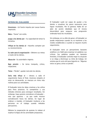 4444
PATRON DEL EVALUADORPATRON DEL EVALUADORPATRON DEL EVALUADORPATRON DEL EVALUADOR
EmocionesEmocionesEmocionesEmociones –––– Un fuerte impulso por causar buena
impresión.
MetaMetaMetaMeta –––– “Ganar” con estilo.
Juzga a los demás porJuzga a los demás porJuzga a los demás porJuzga a los demás por –––– Su capacidad de tomar la
iniciativa.
Influye en los demás alInfluye en los demás alInfluye en los demás alInfluye en los demás al –––– Hacerles competir por
su reconocimiento.
Su valoSu valoSu valoSu valor para la organizaciónr para la organizaciónr para la organizaciónr para la organización –––– Obtiene sus metas
a través de los demás.
Abusa deAbusa deAbusa deAbusa de –––– Su autoridad e ingenio.
Bajo presiónBajo presiónBajo presiónBajo presión –––– Se torna tranquilo, crítico,
impaciente.
TemeTemeTemeTeme –––– “Perder”, quedar mal ante los demás.
Sería más eficaz síSería más eficaz síSería más eficaz síSería más eficaz sí –––– Llevara a cabo el
seguimiento hasta el final, mostrara empatía al
estar en desacuerdo, se marcara un ritmo más
realista para sus actividades.
El Evaluador toma las ideas creativas y las utiliza
para fines prácticos. Es competitivo y usa
métodos directos para conseguir resultados. Sin
embargo, haya quienes consideran al Evaluador –
más que agresivo – ya que suele mostrar
consideración hacia los demás. En lugar de
ordenar o mandar, el Evaluador involucra a las
personas en el trabajo usando métodos
persuasivos.
Obtiene la cooperación de quienes le rodean al
explicar la lógica de las actividades propuestas.
El Evaluador suele ser capaz de ayudar a los
demás a visualizar los pasos necesarios para
lograr resultados. Por lo general, habla de un
plan de acción detallado que él mismo
desarrollará para asegurar una progresión
ordenada hacia los resultados.
Sin embargo, en su afán de ganar, el Evaluador se
puede impacientar cuando no se mantiene a los
niveles establecidos o cuando se requiere mucho
seguimiento.
El Evaluador tiene un pensamiento bastante
analítico y es hábil para expresar en palabras sus
críticas. Sus palabras pueden ser bastante
hirientes. El Evaluador controla mejor la situación
si se relaja y disminuye su ritmo de trabajo. Un
axioma que le sería útil para lograrlo es: “Algunas
veces se gana y otras se pierde”.
 
