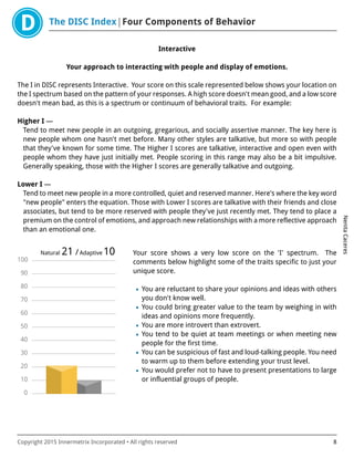 The DISC Index Four Components of Behavior
NenitaCaceres
Copyright 2015 Innermetrix Incorporated • All rights reserved 8
Interactive
Your approach to interacting with people and display of emotions.
The I in DISC represents Interactive. Your score on this scale represented below shows your location on
the I spectrum based on the pattern of your responses. A high score doesn't mean good, and a low score
doesn't mean bad, as this is a spectrum or continuum of behavioral traits. For example:
Higher I —
Tend to meet new people in an outgoing, gregarious, and socially assertive manner. The key here is
new people whom one hasn't met before. Many other styles are talkative, but more so with people
that they've known for some time. The Higher I scores are talkative, interactive and open even with
people whom they have just initially met. People scoring in this range may also be a bit impulsive.
Generally speaking, those with the Higher I scores are generally talkative and outgoing.
Lower I —
Tend to meet new people in a more controlled, quiet and reserved manner. Here's where the key word
"new people" enters the equation. Those with Lower I scores are talkative with their friends and close
associates, but tend to be more reserved with people they've just recently met. They tend to place a
premium on the control of emotions, and approach new relationships with a more reflective approach
than an emotional one.
0
10
20
30
40
50
60
70
80
90
100
Natural 21 /Adaptive 10 Your score shows a very low score on the 'I' spectrum. The
comments below highlight some of the traits specific to just your
unique score.
• You are reluctant to share your opinions and ideas with others
you don't know well.
• You could bring greater value to the team by weighing in with
ideas and opinions more frequently.
• You are more introvert than extrovert.
• You tend to be quiet at team meetings or when meeting new
people for the first time.
• You can be suspicious of fast and loud-talking people. You need
to warm up to them before extending your trust level.
• You would prefer not to have to present presentations to large
or influential groups of people.
 