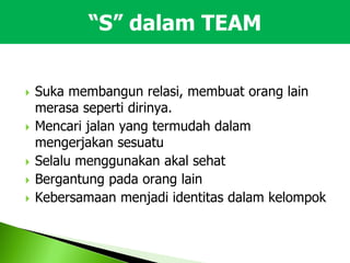  Suka membangun relasi, membuat orang lain
merasa seperti dirinya.
 Mencari jalan yang termudah dalam
mengerjakan sesuatu
 Selalu menggunakan akal sehat
 Bergantung pada orang lain
 Kebersamaan menjadi identitas dalam kelompok
“S” dalam TEAM
 