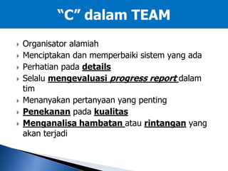  Organisator alamiah
 Menciptakan dan memperbaiki sistem yang ada
 Perhatian pada details
 Selalu mengevaluasi progress report dalam
tim
 Menanyakan pertanyaan yang penting
 Penekanan pada kualitas
 Menganalisa hambatan atau rintangan yang
akan terjadi
“C” dalam TEAM
 