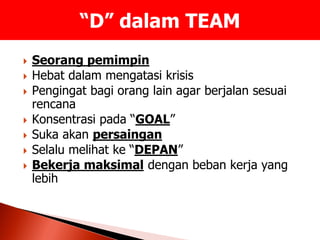  Seorang pemimpin
 Hebat dalam mengatasi krisis
 Pengingat bagi orang lain agar berjalan sesuai
rencana
 Konsentrasi pada “GOAL”
 Suka akan persaingan
 Selalu melihat ke “DEPAN”
 Bekerja maksimal dengan beban kerja yang
lebih
“D” dalam TEAM
 