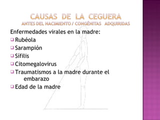 Enfermedades virales en la madre: Rubéola Sarampión Sífilis Citomegalovirus Traumatismos a la madre durante el  embarazo Edad de la madre 