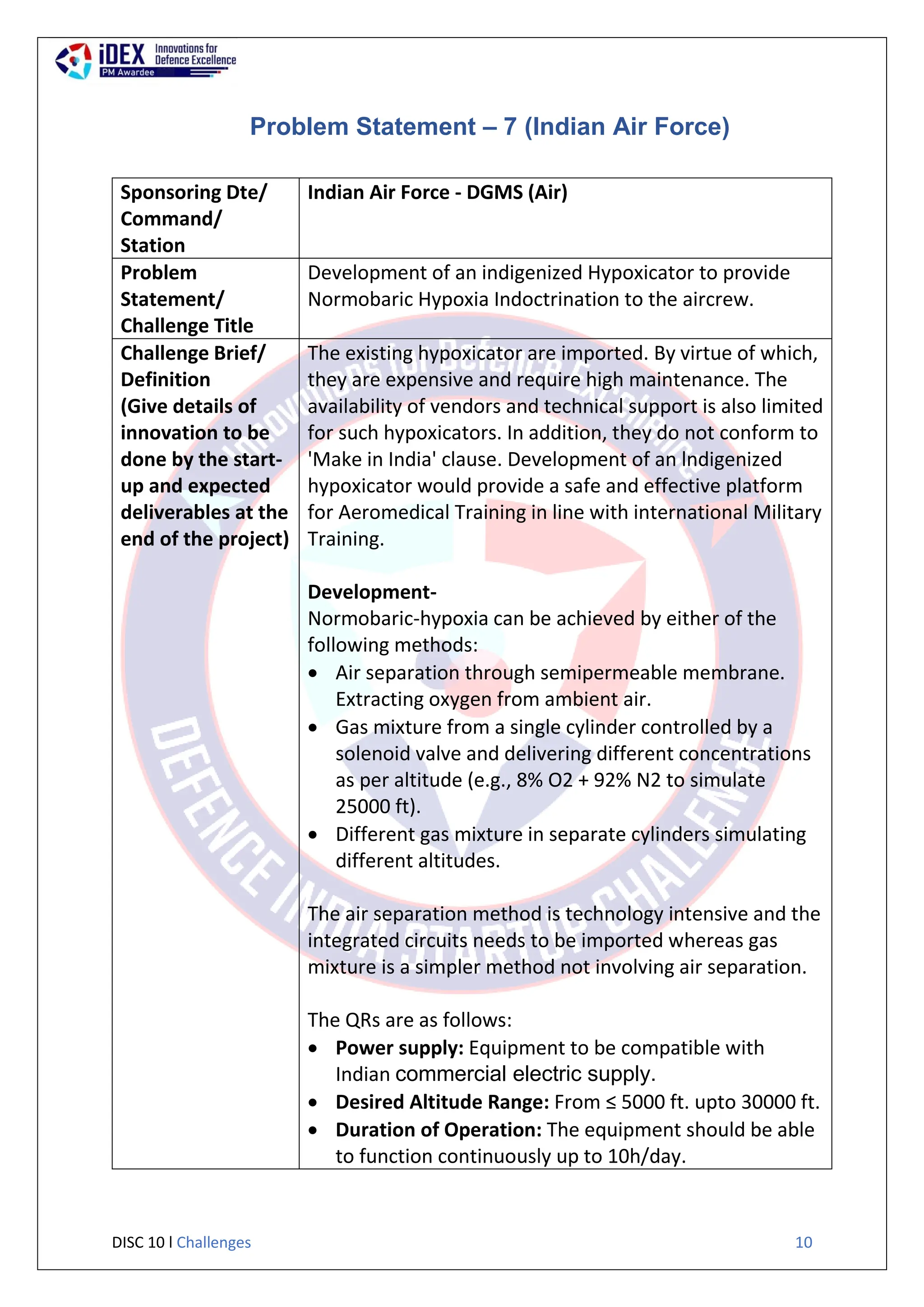DISC 10 l Challenges 10
Problem Statement – 7 (Indian Air Force)
Sponsoring Dte/
Command/
Station
Indian Air Force - DGMS (Air)
Problem
Statement/
Challenge Title
Development of an indigenized Hypoxicator to provide
Normobaric Hypoxia Indoctrination to the aircrew.
Challenge Brief/
Definition
(Give details of
innovation to be
done by the start-
up and expected
deliverables at the
end of the project)
The existing hypoxicator are imported. By virtue of which,
they are expensive and require high maintenance. The
availability of vendors and technical support is also limited
for such hypoxicators. In addition, they do not conform to
'Make in India' clause. Development of an lndigenized
hypoxicator would provide a safe and effective platform
for Aeromedical Training in line with international Military
Training.
Development-
Normobaric-hypoxia can be achieved by either of the
following methods:
 Air separation through semipermeable membrane.
Extracting oxygen from ambient air.
 Gas mixture from a single cylinder controlled by a
solenoid valve and delivering different concentrations
as per altitude (e.g., 8% O2 + 92% N2 to simulate
25000 ft).
 Different gas mixture in separate cylinders simulating
different altitudes.
The air separation method is technology intensive and the
integrated circuits needs to be imported whereas gas
mixture is a simpler method not involving air separation.
The QRs are as follows:
 Power supply: Equipment to be compatible with
Indian commercial electric supply.
 Desired Altitude Range: From ≤ 5000 ft. upto 30000 ft.
 Duration of Operation: The equipment should be able
to function continuously up to 10h/day.
 