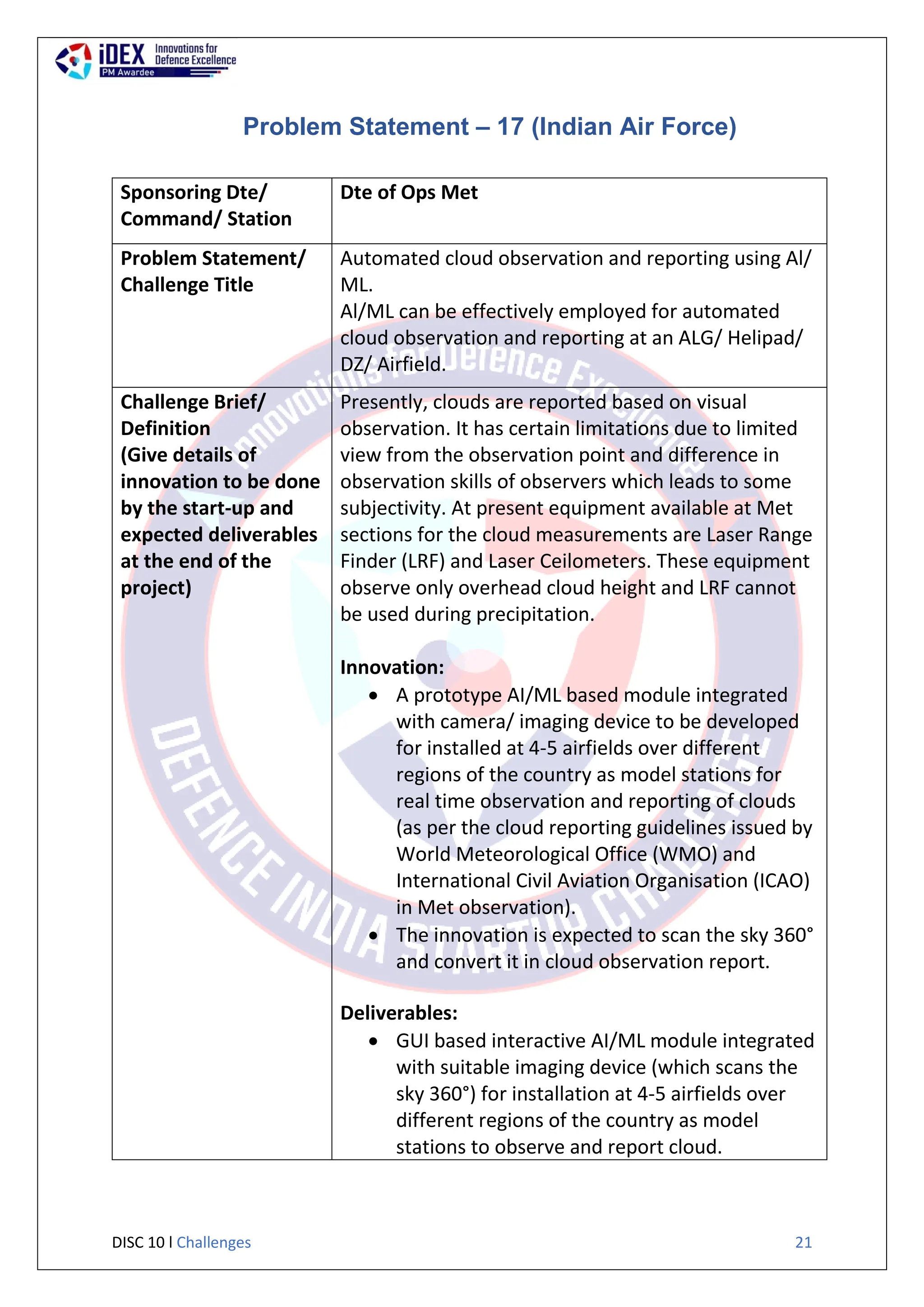 DISC 10 l Challenges 21
Problem Statement – 17 (Indian Air Force)
Sponsoring Dte/
Command/ Station
Dte of Ops Met
Problem Statement/
Challenge Title
Automated cloud observation and reporting using Al/
ML.
Al/ML can be effectively employed for automated
cloud observation and reporting at an ALG/ Helipad/
DZ/ Airfield.
Challenge Brief/
Definition
(Give details of
innovation to be done
by the start-up and
expected deliverables
at the end of the
project)
Presently, clouds are reported based on visual
observation. It has certain limitations due to limited
view from the observation point and difference in
observation skills of observers which leads to some
subjectivity. At present equipment available at Met
sections for the cloud measurements are Laser Range
Finder (LRF) and Laser Ceilometers. These equipment
observe only overhead cloud height and LRF cannot
be used during precipitation.
Innovation:
 A prototype AI/ML based module integrated
with camera/ imaging device to be developed
for installed at 4-5 airfields over different
regions of the country as model stations for
real time observation and reporting of clouds
(as per the cloud reporting guidelines issued by
World Meteorological Office (WMO) and
International Civil Aviation Organisation (ICAO)
in Met observation).
 The innovation is expected to scan the sky 360°
and convert it in cloud observation report.
Deliverables:
 GUI based interactive AI/ML module integrated
with suitable imaging device (which scans the
sky 360°) for installation at 4-5 airfields over
different regions of the country as model
stations to observe and report cloud.
 