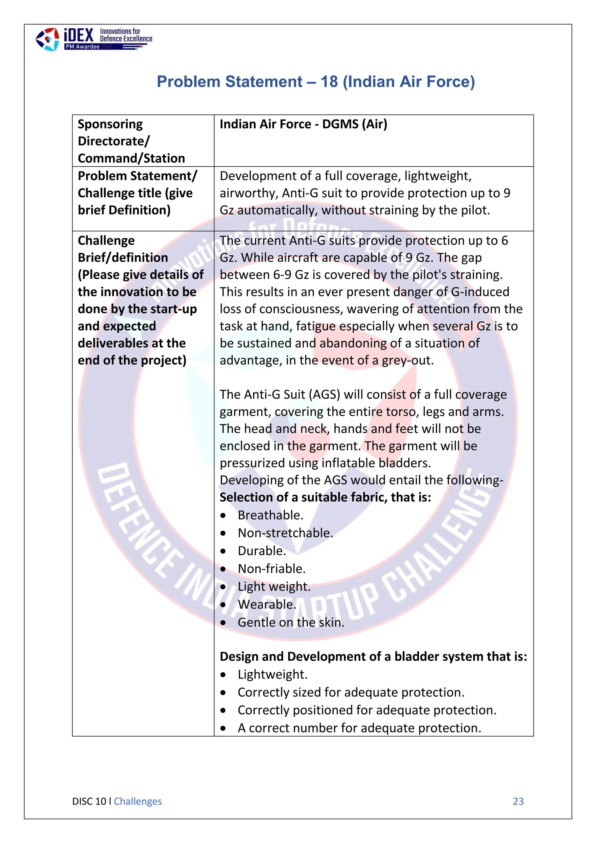 DISC 10 l Challenges 23
Problem Statement – 18 (Indian Air Force)
Sponsoring
Directorate/
Command/Station
Indian Air Force - DGMS (Air)
Problem Statement/
Challenge title (give
brief Definition)
Development of a full coverage, lightweight,
airworthy, Anti-G suit to provide protection up to 9
Gz automatically, without straining by the pilot.
Challenge
Brief/definition
(Please give details of
the innovation to be
done by the start-up
and expected
deliverables at the
end of the project)
The current Anti-G suits provide protection up to 6
Gz. While aircraft are capable of 9 Gz. The gap
between 6-9 Gz is covered by the pilot's straining.
This results in an ever present danger of G-induced
loss of consciousness, wavering of attention from the
task at hand, fatigue especially when several Gz is to
be sustained and abandoning of a situation of
advantage, in the event of a grey-out.
The Anti-G Suit (AGS) will consist of a full coverage
garment, covering the entire torso, legs and arms.
The head and neck, hands and feet will not be
enclosed in the garment. The garment will be
pressurized using inflatable bladders.
Developing of the AGS would entail the following-
Selection of a suitable fabric, that is:
 Breathable.
 Non-stretchable.
 Durable.
 Non-friable.
 Light weight.
 Wearable.
 Gentle on the skin.
Design and Development of a bladder system that is:
 Lightweight.
 Correctly sized for adequate protection.
 Correctly positioned for adequate protection.
 A correct number for adequate protection.
 