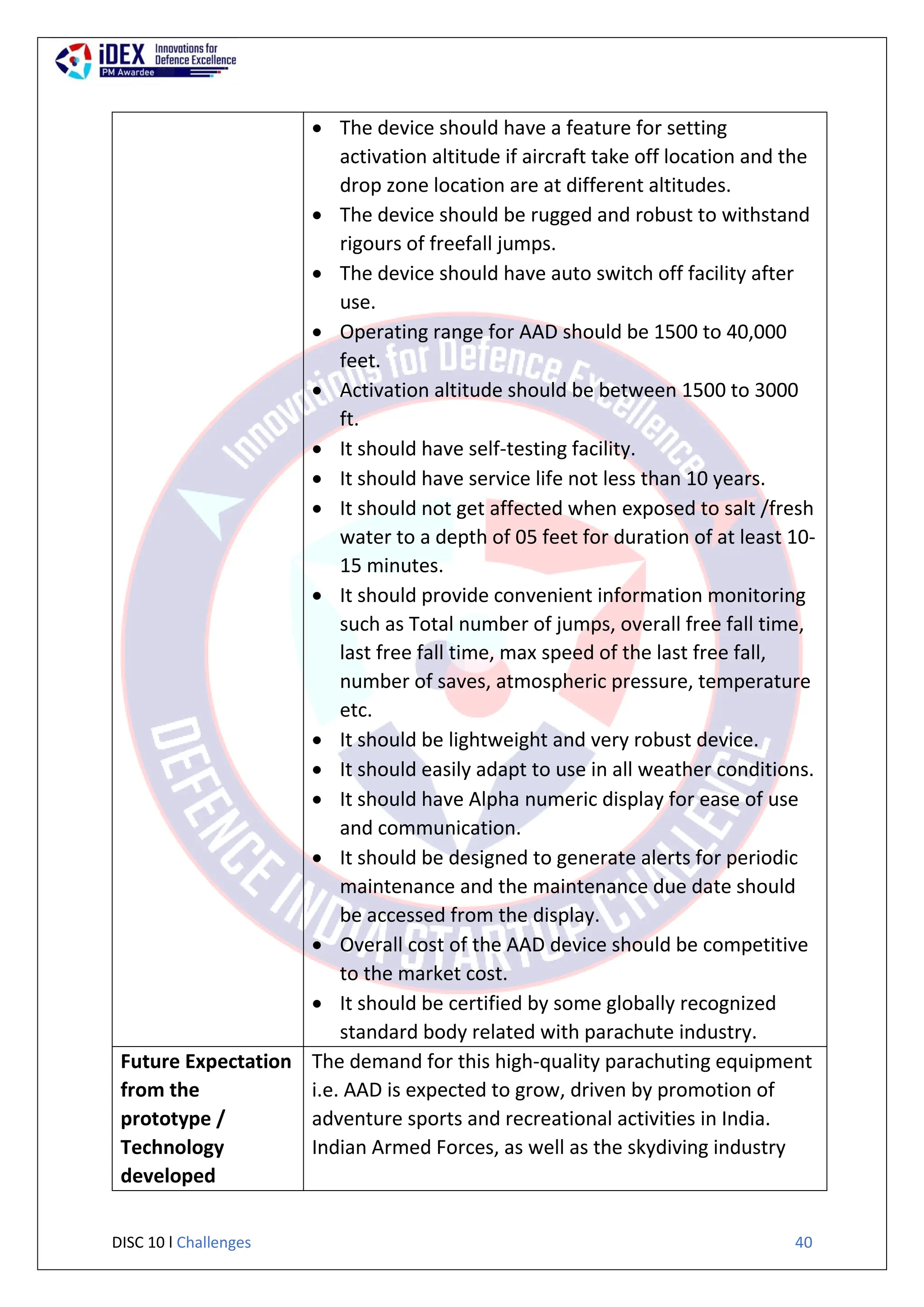 DISC 10 l Challenges 40
 The device should have a feature for setting
activation altitude if aircraft take off location and the
drop zone location are at different altitudes.
 The device should be rugged and robust to withstand
rigours of freefall jumps.
 The device should have auto switch off facility after
use.
 Operating range for AAD should be 1500 to 40,000
feet.
 Activation altitude should be between 1500 to 3000
ft.
 It should have self-testing facility.
 It should have service life not less than 10 years.
 It should not get affected when exposed to salt /fresh
water to a depth of 05 feet for duration of at least 10-
15 minutes.
 It should provide convenient information monitoring
such as Total number of jumps, overall free fall time,
last free fall time, max speed of the last free fall,
number of saves, atmospheric pressure, temperature
etc.
 It should be lightweight and very robust device.
 It should easily adapt to use in all weather conditions.
 It should have Alpha numeric display for ease of use
and communication.
 It should be designed to generate alerts for periodic
maintenance and the maintenance due date should
be accessed from the display.
 Overall cost of the AAD device should be competitive
to the market cost.
 It should be certified by some globally recognized
standard body related with parachute industry.
Future Expectation
from the
prototype /
Technology
developed
The demand for this high-quality parachuting equipment
i.e. AAD is expected to grow, driven by promotion of
adventure sports and recreational activities in India.
Indian Armed Forces, as well as the skydiving industry
 