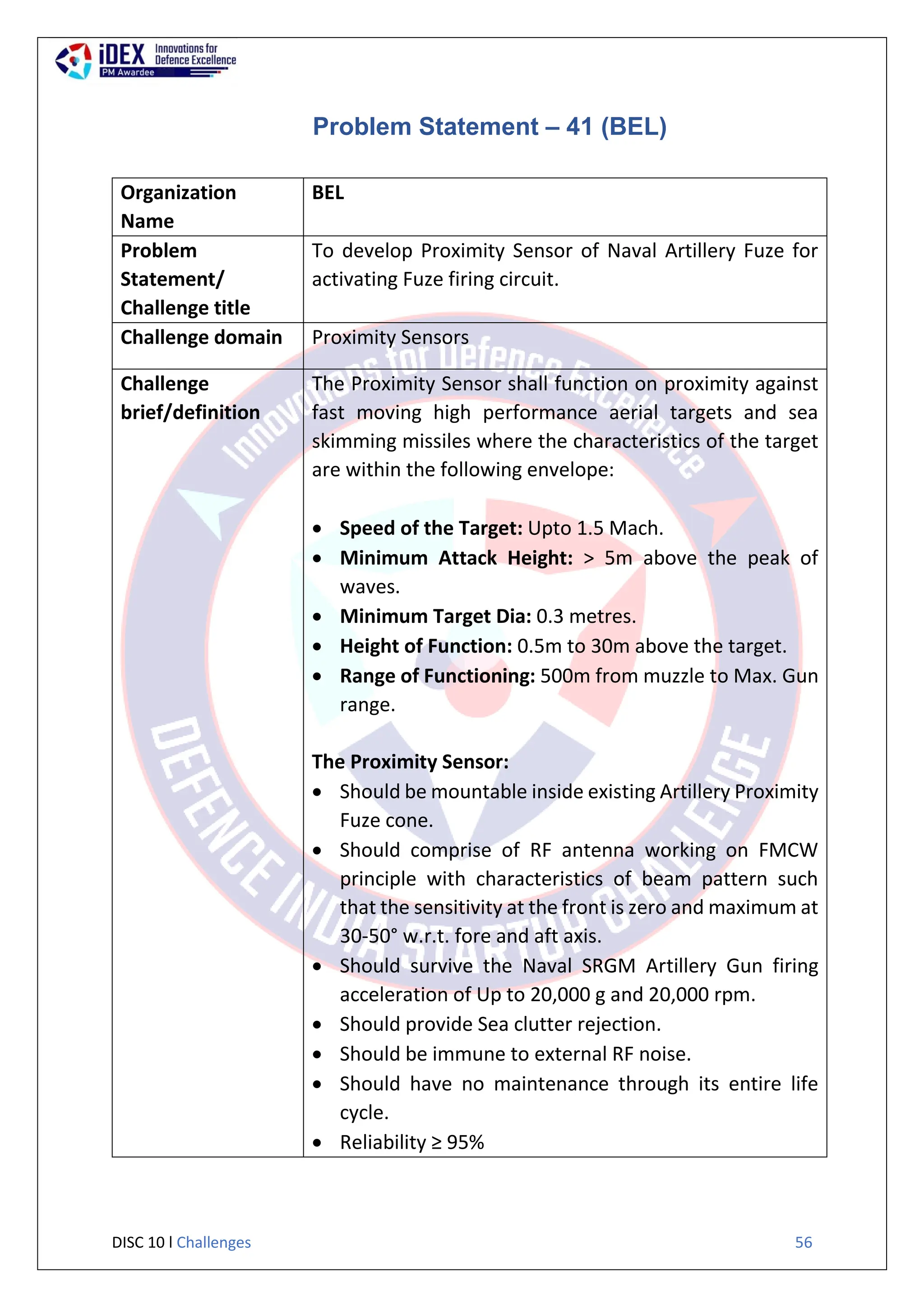 DISC 10 l Challenges 56
Problem Statement – 41 (BEL)
Organization
Name
BEL
Problem
Statement/
Challenge title
To develop Proximity Sensor of Naval Artillery Fuze for
activating Fuze firing circuit.
Challenge domain Proximity Sensors
Challenge
brief/definition
The Proximity Sensor shall function on proximity against
fast moving high performance aerial targets and sea
skimming missiles where the characteristics of the target
are within the following envelope:
 Speed of the Target: Upto 1.5 Mach.
 Minimum Attack Height: > 5m above the peak of
waves.
 Minimum Target Dia: 0.3 metres.
 Height of Function: 0.5m to 30m above the target.
 Range of Functioning: 500m from muzzle to Max. Gun
range.
The Proximity Sensor:
 Should be mountable inside existing Artillery Proximity
Fuze cone.
 Should comprise of RF antenna working on FMCW
principle with characteristics of beam pattern such
that the sensitivity at the front is zero and maximum at
30-50° w.r.t. fore and aft axis.
 Should survive the Naval SRGM Artillery Gun firing
acceleration of Up to 20,000 g and 20,000 rpm.
 Should provide Sea clutter rejection.
 Should be immune to external RF noise.
 Should have no maintenance through its entire life
cycle.
 Reliability ≥ 95%
 