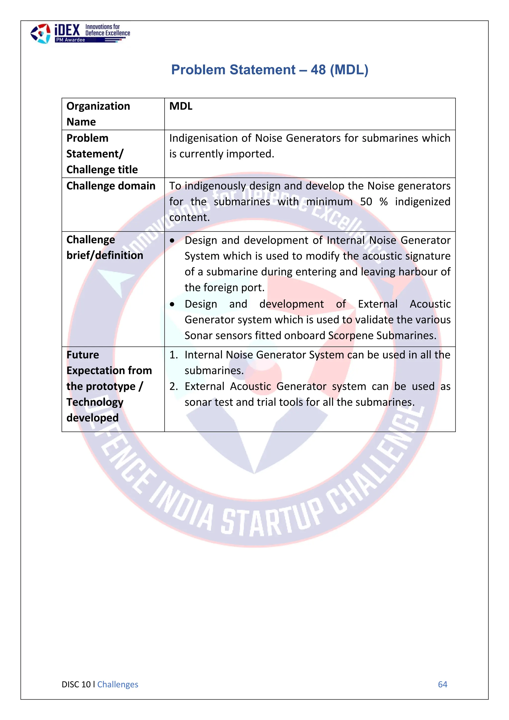 DISC 10 l Challenges 64
Problem Statement – 48 (MDL)
Organization
Name
MDL
Problem
Statement/
Challenge title
Indigenisation of Noise Generators for submarines which
is currently imported.
Challenge domain To indigenously design and develop the Noise generators
for the submarines with minimum 50 % indigenized
content.
Challenge
brief/definition
 Design and development of Internal Noise Generator
System which is used to modify the acoustic signature
of a submarine during entering and leaving harbour of
the foreign port.
 Design and development of External Acoustic
Generator system which is used to validate the various
Sonar sensors fitted onboard Scorpene Submarines.
Future
Expectation from
the prototype /
Technology
developed
1. Internal Noise Generator System can be used in all the
submarines.
2. External Acoustic Generator system can be used as
sonar test and trial tools for all the submarines.
 